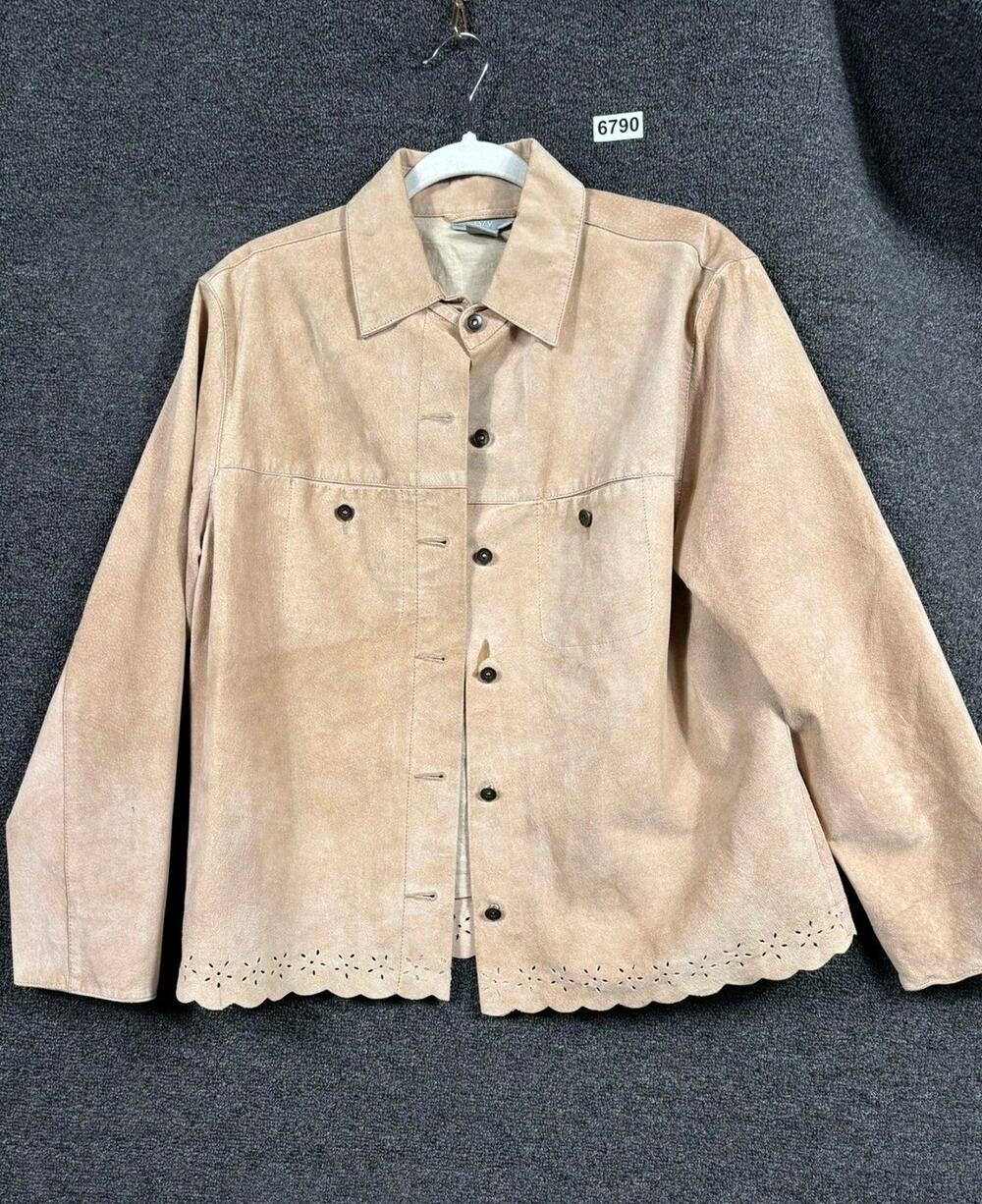 IVY Suede Jacket Womens Medium Tan Leather Eyelet Scallop Hem Button Front Coat